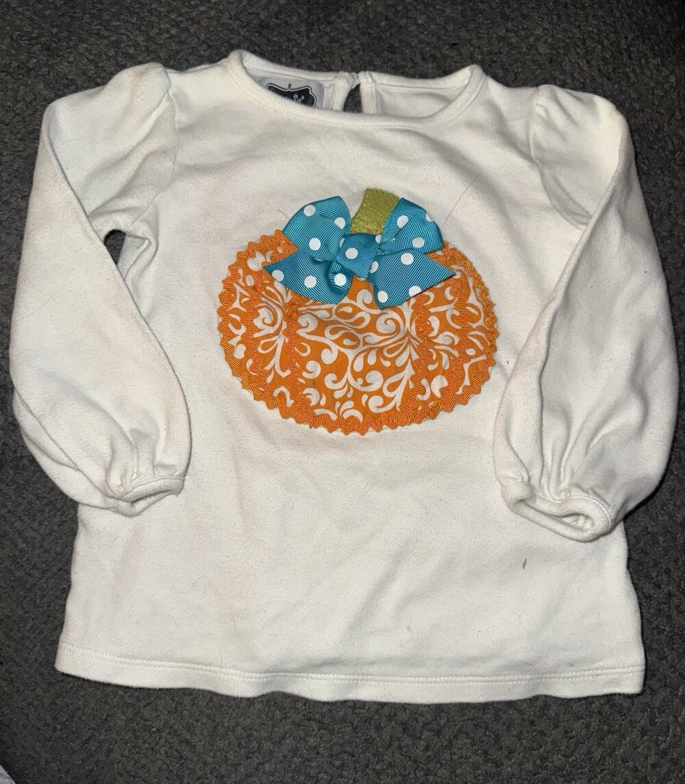 Mud Pie Girls 3T White Long Sleeve Shirt Orange Pumpkin Applique Blue Polka Dot